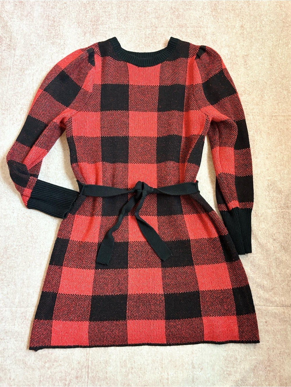 Size XL Red & Black Buffalo Plaid Knit Mini Dress with Optional Tie Waist